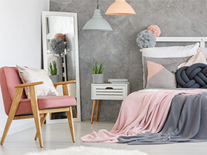 Chic Modern Grey and Pink Bedroom with Concrete Effect Feature Wall